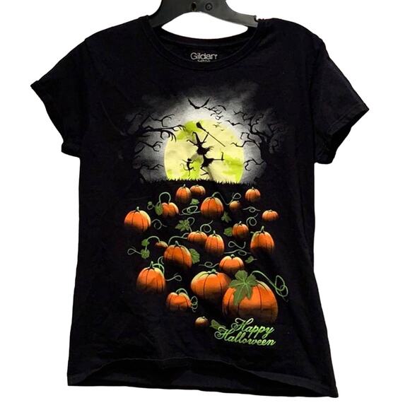 Womens Medium Happy Halloween Witch Cat Pumpkin Patch Cotton Short Sleeve Tee - Picture 1 of 4